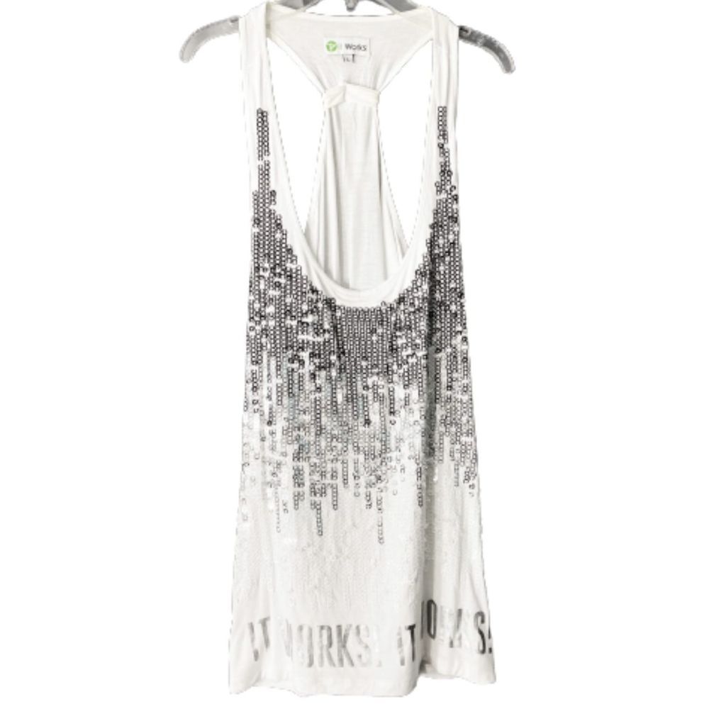 It Works Global White Sequin Racerback Tee